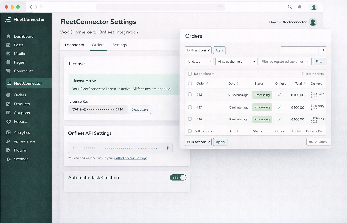 FleetConnector WordPress plugin dashboard